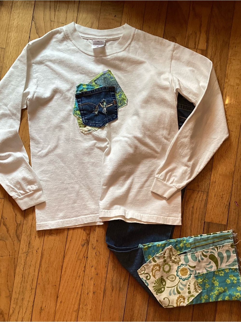 30A Anvil White Long-Sleeve Tee with Denim Pocket and Green Pattern Accents